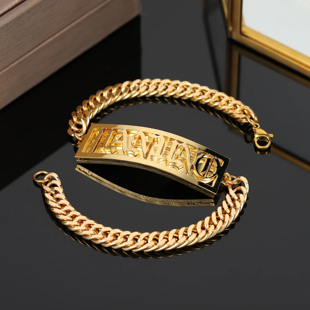 Custom Nameplate Name Bracelet For Men Gold Stainless Steel Double Layer Name Bracelet Women Personalized Hip Hop Jewelry Gift