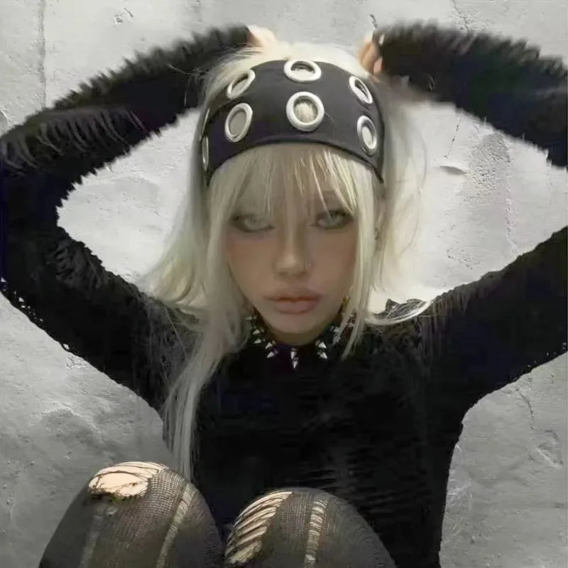 Steampunk Elastic Headband – Wide Black Hair Band with Brass Grommets, Gothic Festival Accessory