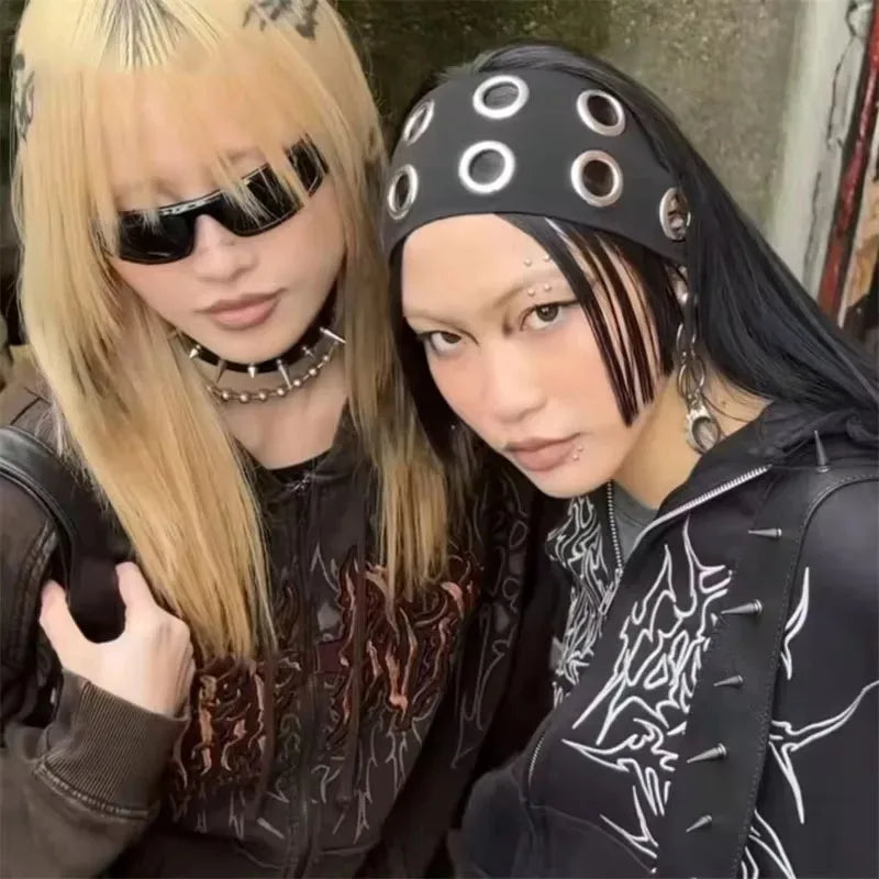 Steampunk Elastic Headband – Wide Black Hair Band with Brass Grommets, Gothic Festival Accessory